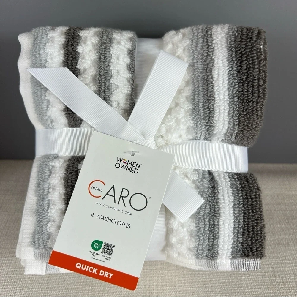 Set of 6 Caro Home 2 Hand Towels 4 Washclothes Gray White Stripes Cotton NEW